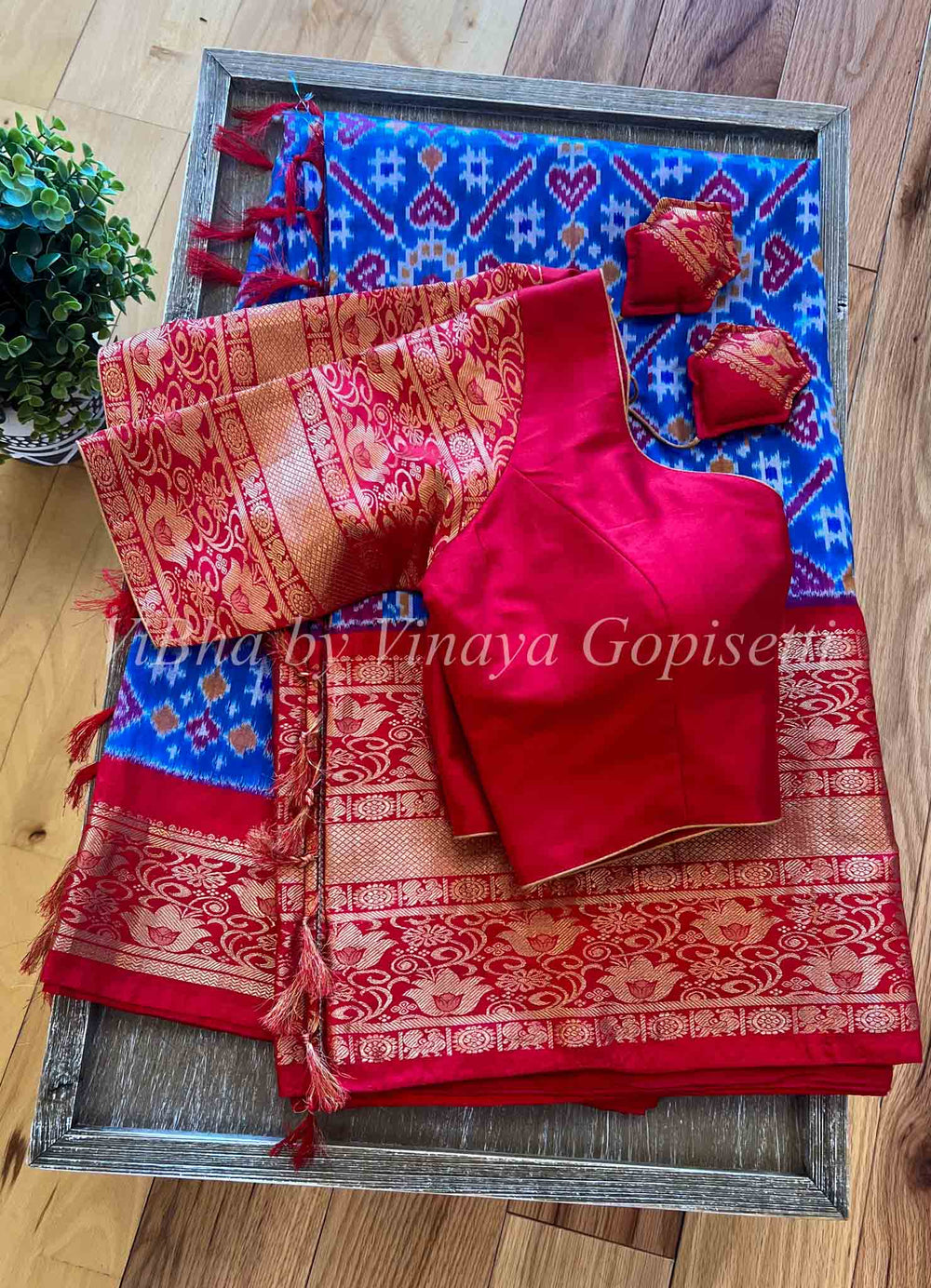 Sarees - Sky Blue & Red Ikkat Silk Sarees