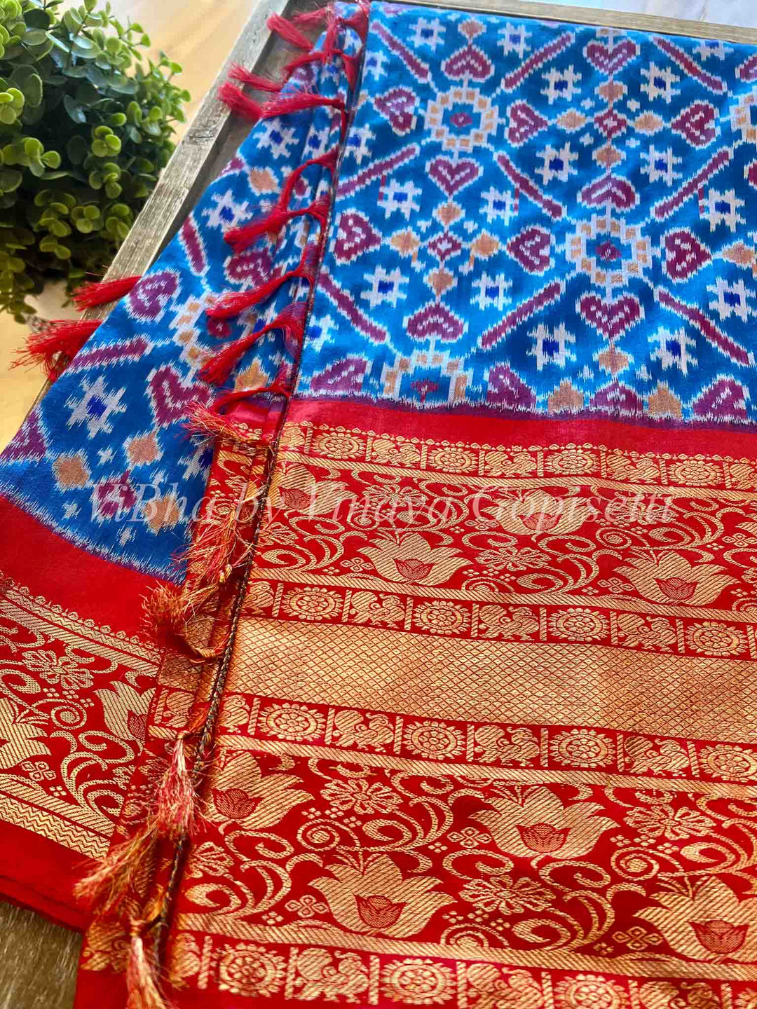 Sarees - Sky Blue & Red Ikkat Silk Sarees