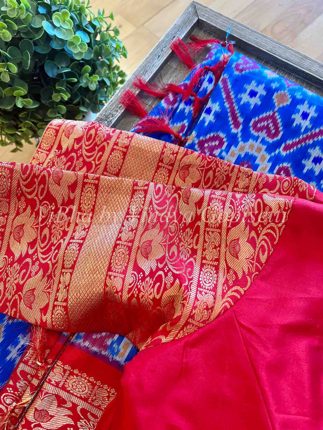 Sarees - Sky Blue & Red Ikkat Silk Sarees