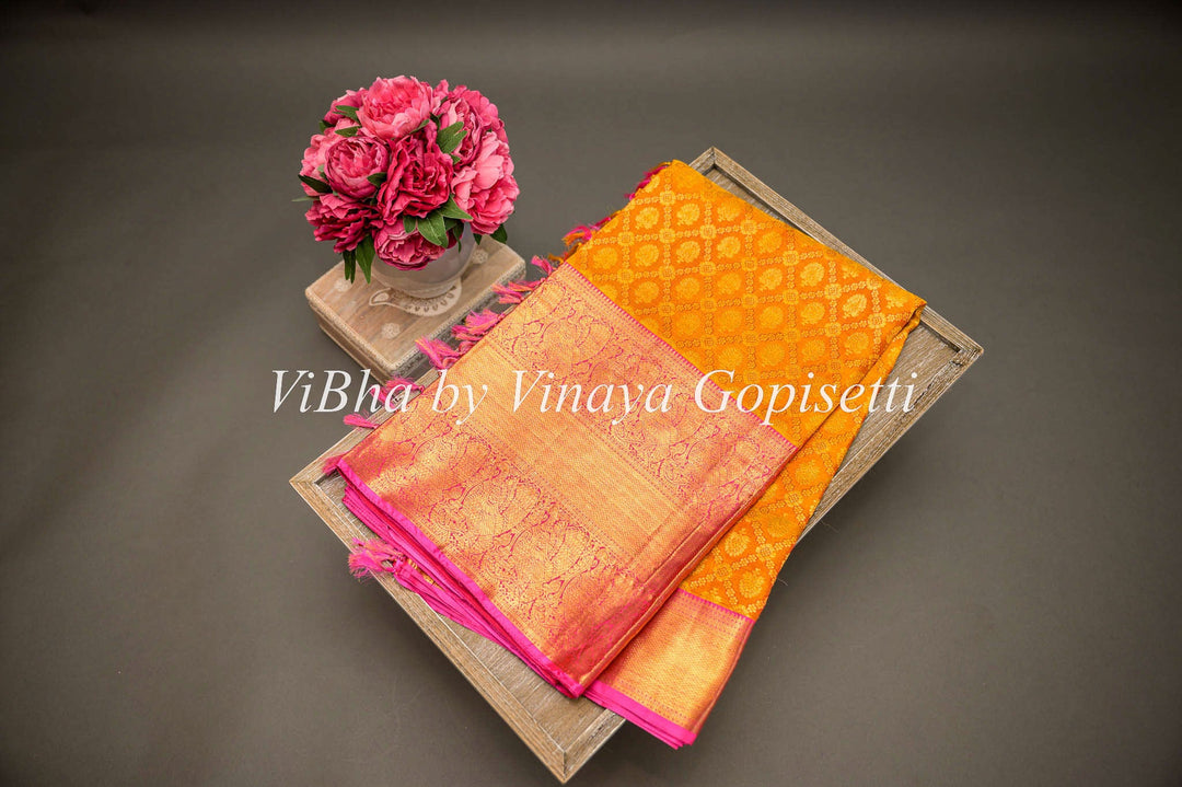 Sarees - Tangerine And Rani Pink All Over Design Kanchi Silk Saree