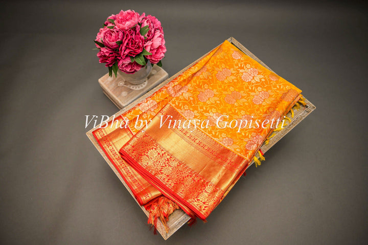 Sarees - Tangerine And Red All Over Design Kanchi Silk Saree