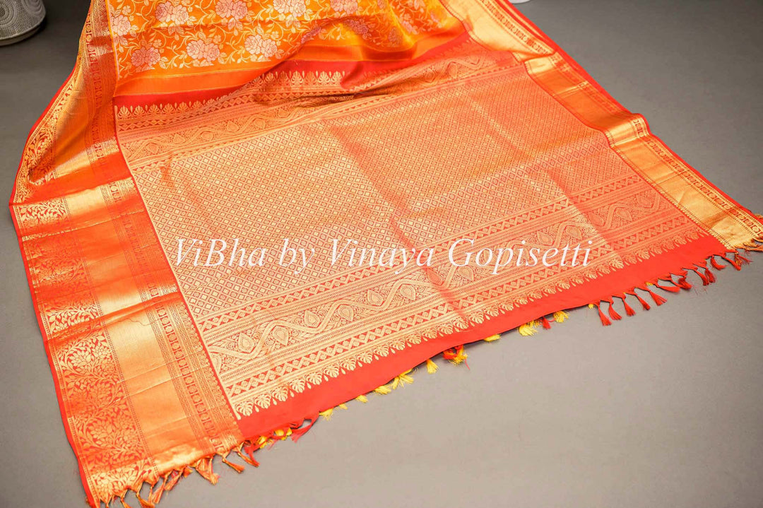 Sarees - Tangerine And Red All Over Design Kanchi Silk Saree