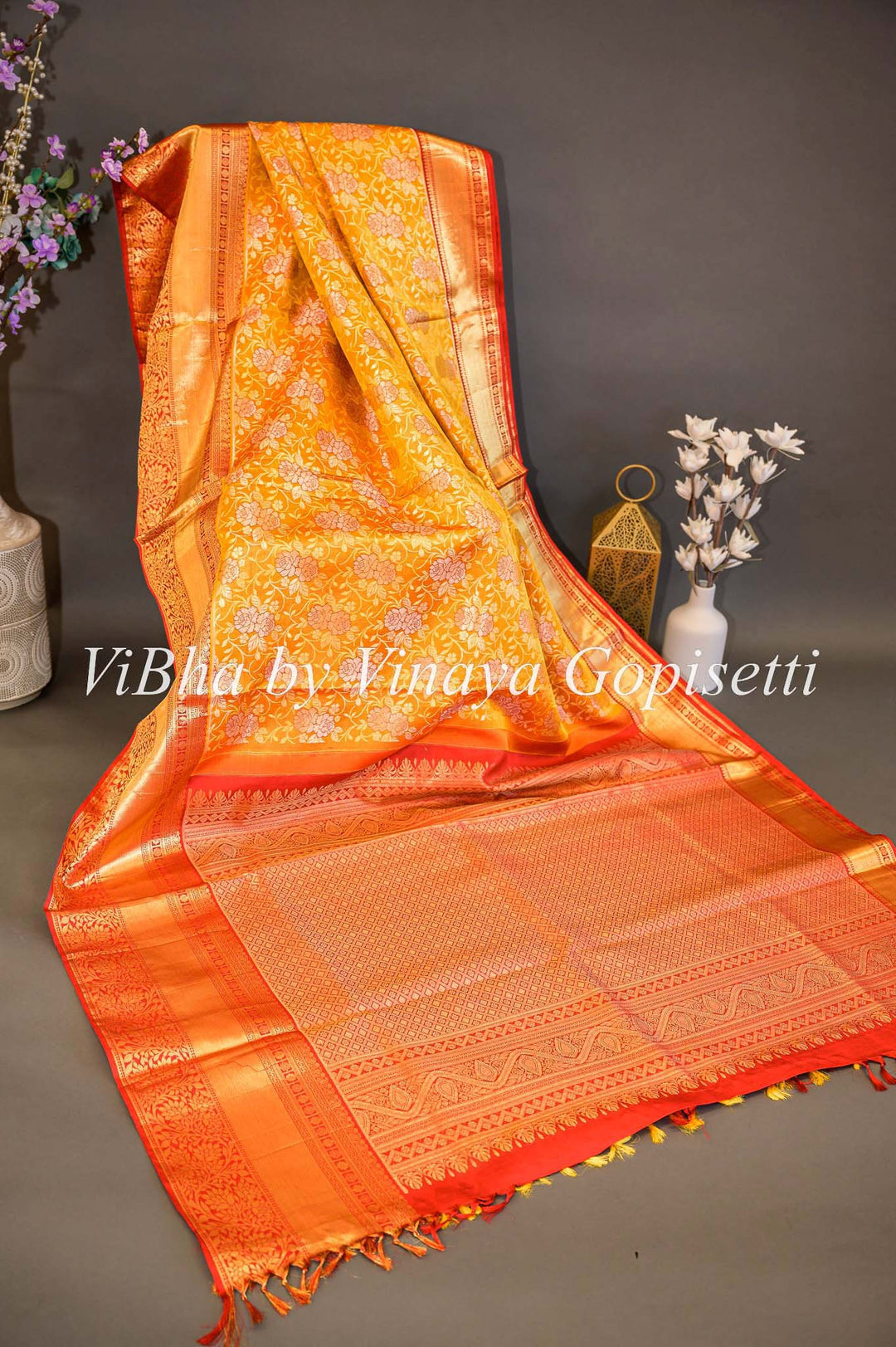 Sarees - Tangerine And Red All Over Design Kanchi Silk Saree