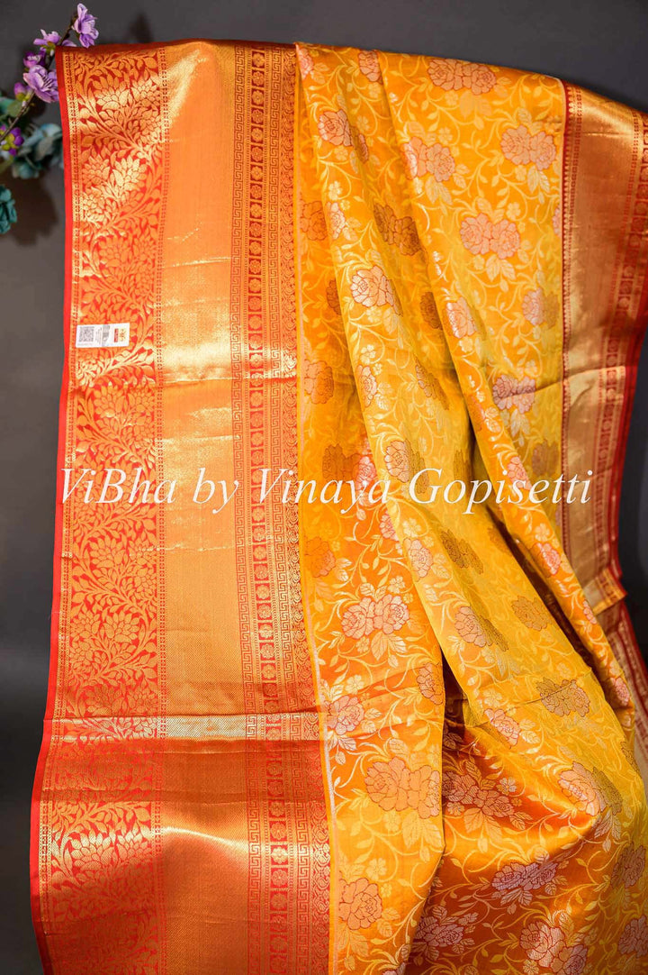 Sarees - Tangerine And Red All Over Design Kanchi Silk Saree