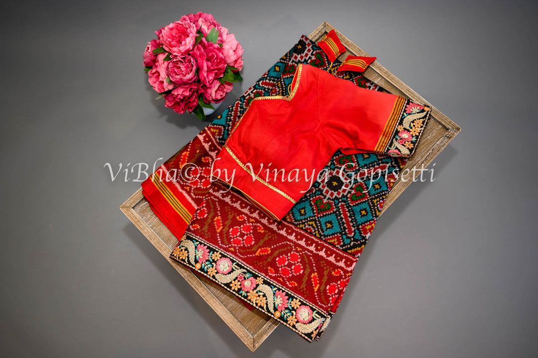 Sarees - Teal And Red Single Ikkat Patola Saree And Blouse With Embroidered Borders