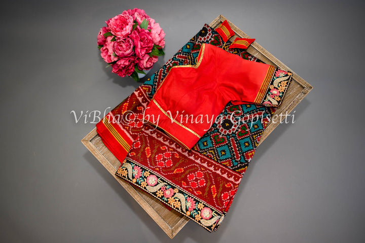 Sarees - Teal And Red Single Ikkat Patola Saree And Blouse With Embroidered Borders