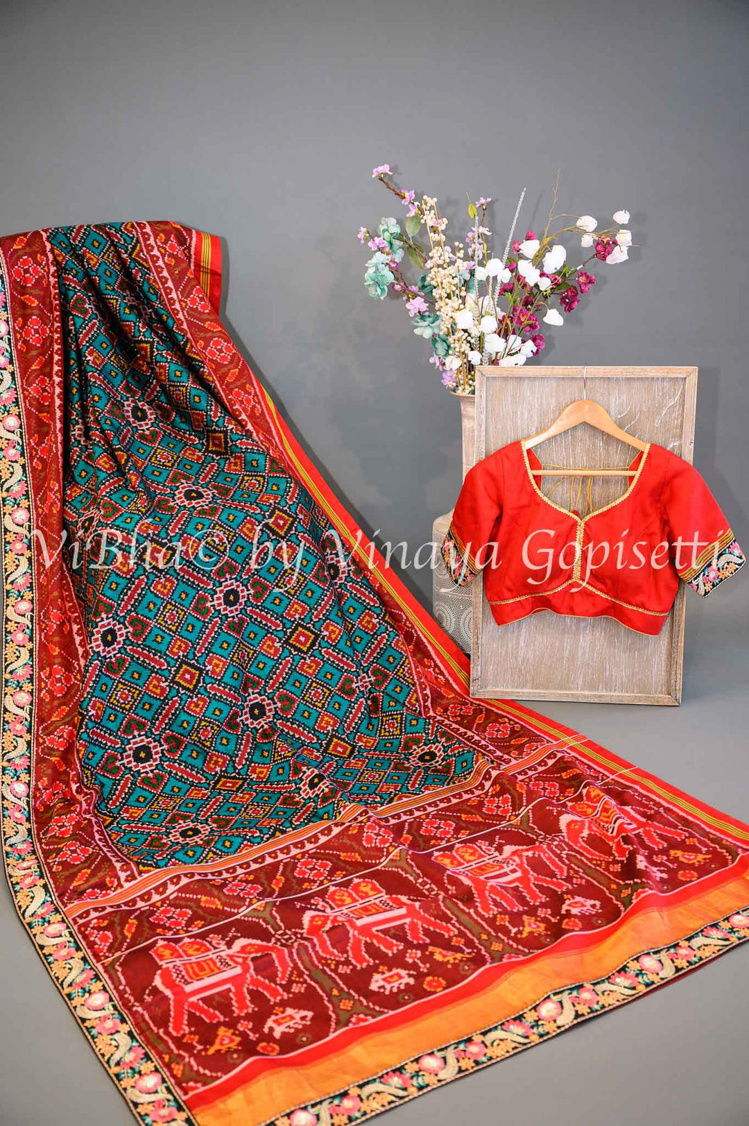 Sarees - Teal And Red Single Ikkat Patola Saree And Blouse With Embroidered Borders