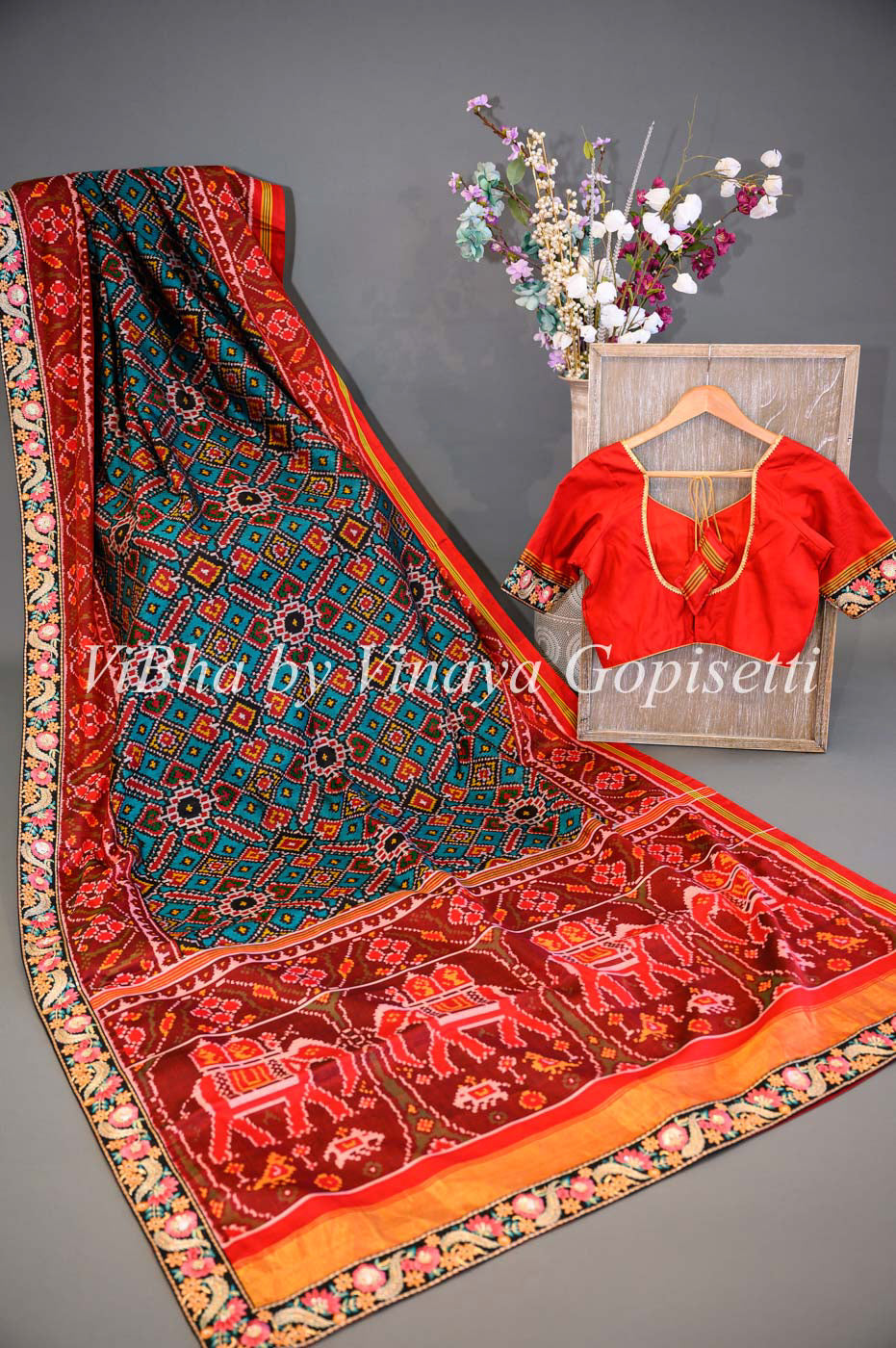 Sarees - Teal And Red Single Ikkat Patola Saree And Blouse With Embroidered Borders