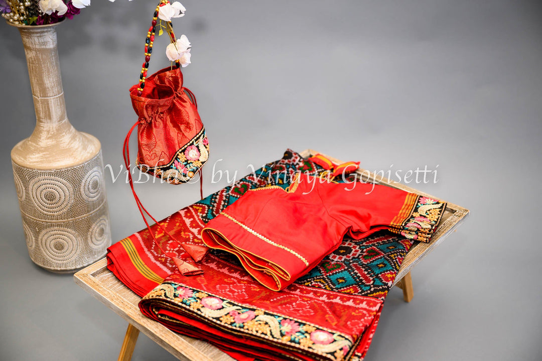 Sarees - Teal And Red Single Ikkat Patola Saree And Blouse With Embroidered Borders