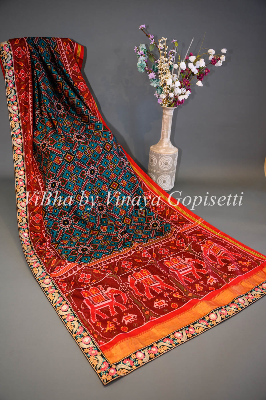 Sarees - Teal And Red Single Ikkat Patola Saree And Blouse With Embroidered Borders