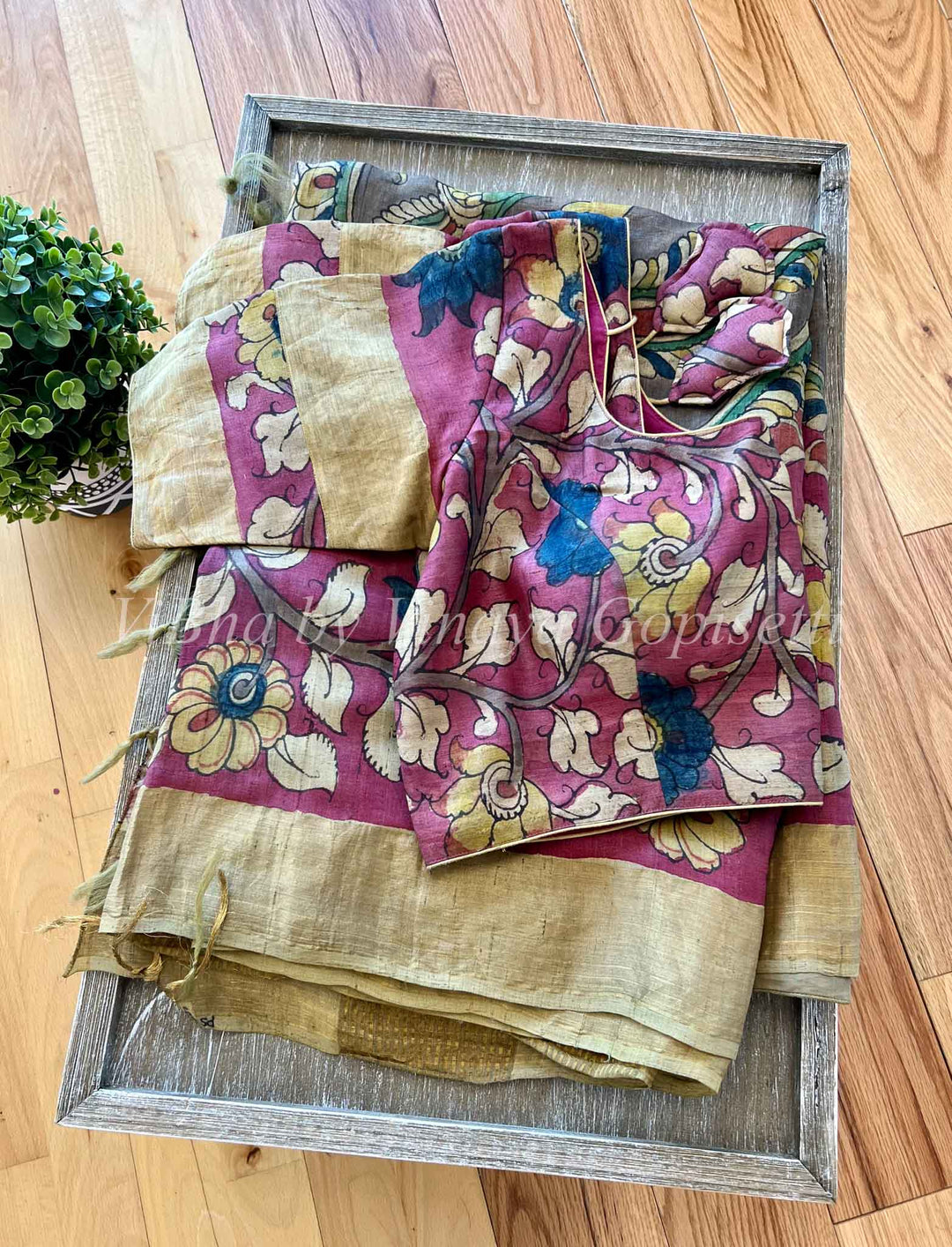 Sarees - Tussar Silk/Pen Kalamkari/Yellow & Pink/Saree And Blouse