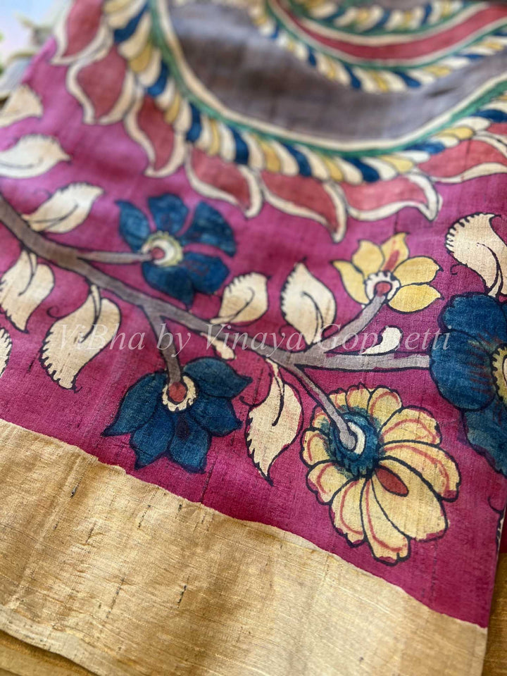 Sarees - Tussar Silk/Pen Kalamkari/Yellow & Pink/Saree And Blouse