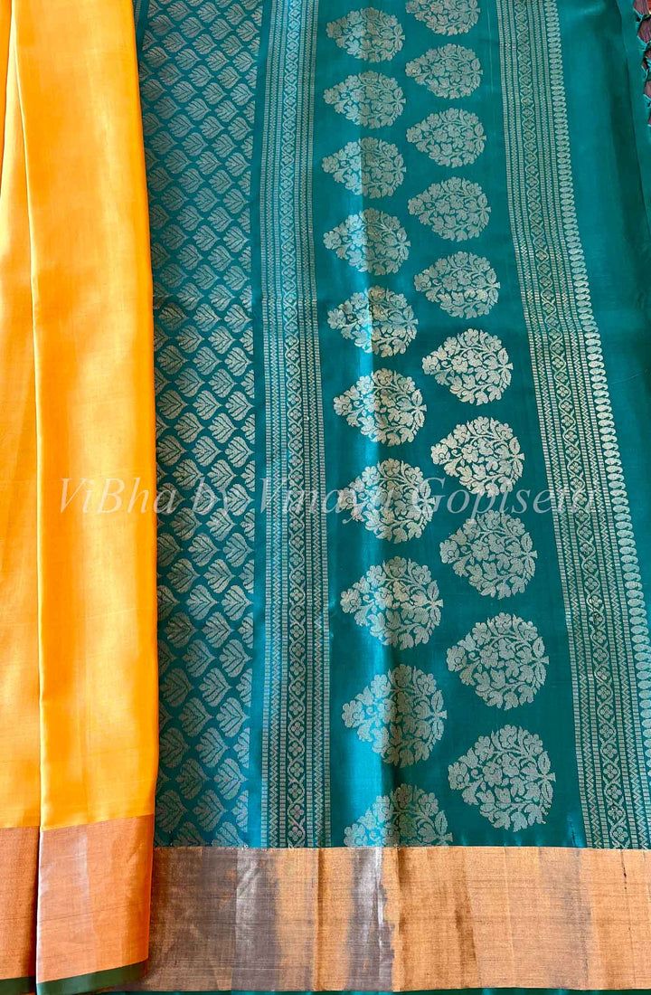 Sarees - Yellow And Bottle Green Kaddi Border Kanchi Soft Silk Saree