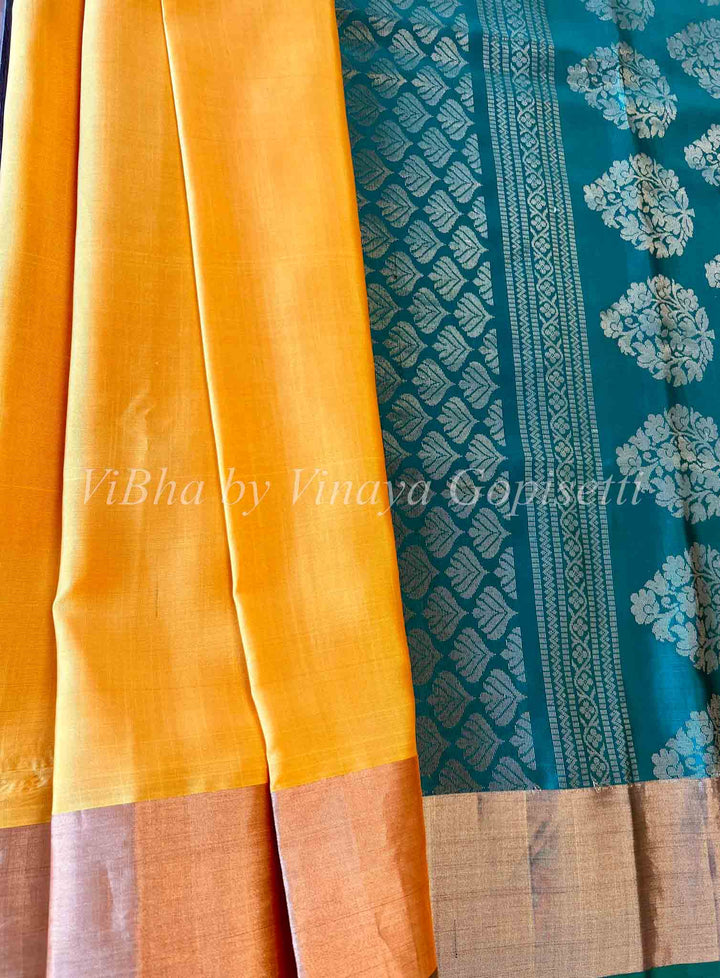 Sarees - Yellow And Bottle Green Kaddi Border Kanchi Soft Silk Saree