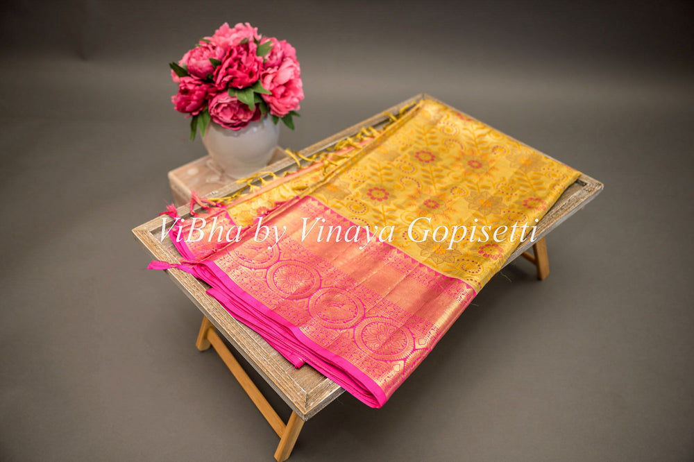 Sarees - Yellow And Rani Pink All Over Design Kanchi Silk Saree