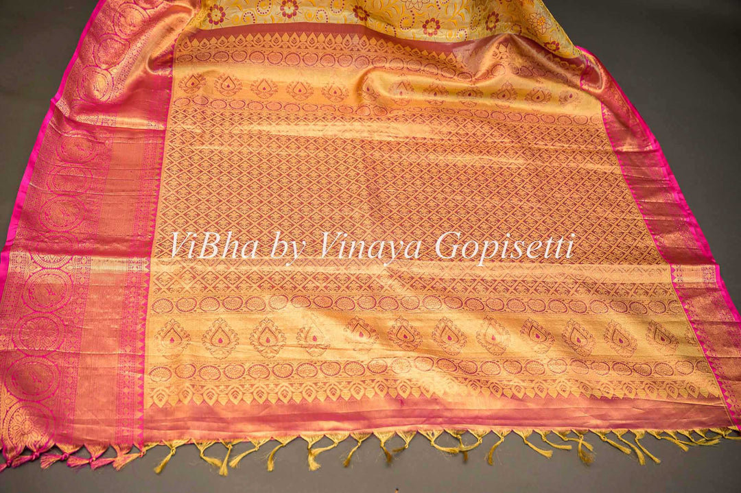 Sarees - Yellow And Rani Pink All Over Design Kanchi Silk Saree