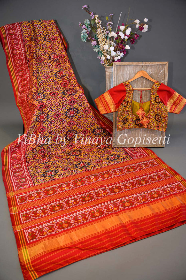 Sarees - Yellow And Red Single Ikkat Patola Saree And Blouse