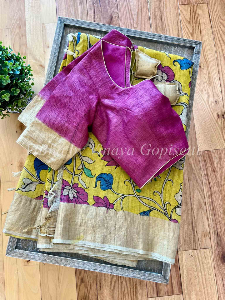 Sarees - Yellow & Blue Pen Kalamkari Sarees - Tussar Silk