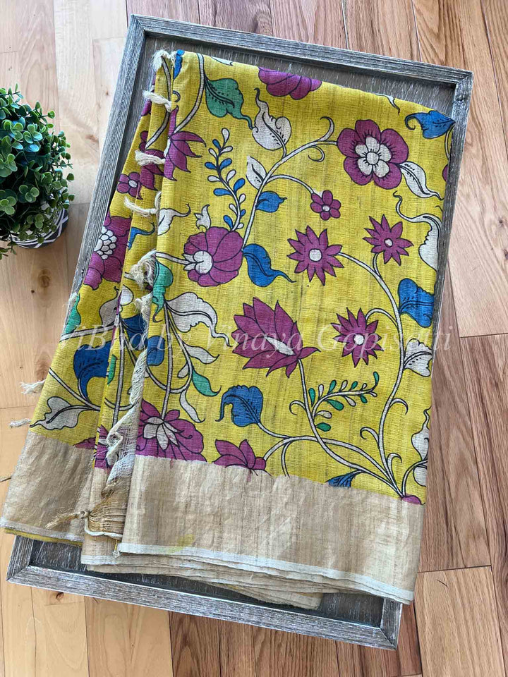 Sarees - Yellow & Blue Pen Kalamkari Sarees - Tussar Silk