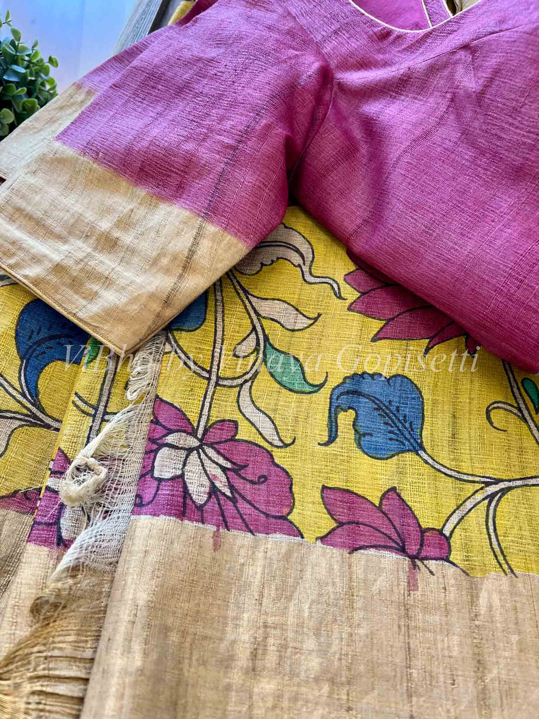 Sarees - Yellow & Blue Pen Kalamkari Sarees - Tussar Silk