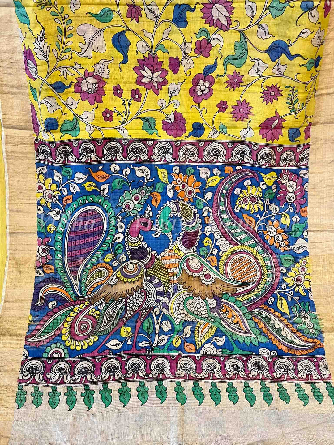 Sarees - Yellow & Blue Pen Kalamkari Sarees - Tussar Silk