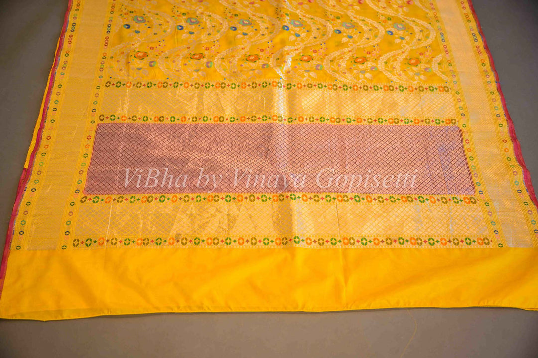 Sarees - Yellow Meenakari Jungla Weave Banarasi Saree