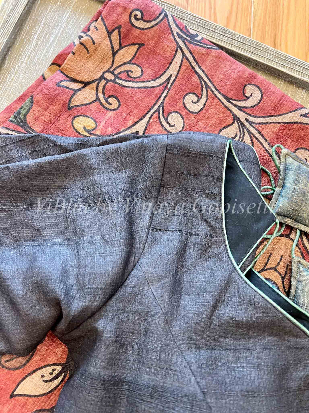 Tussar Silk Pen Kalamkari Mehroon And Black