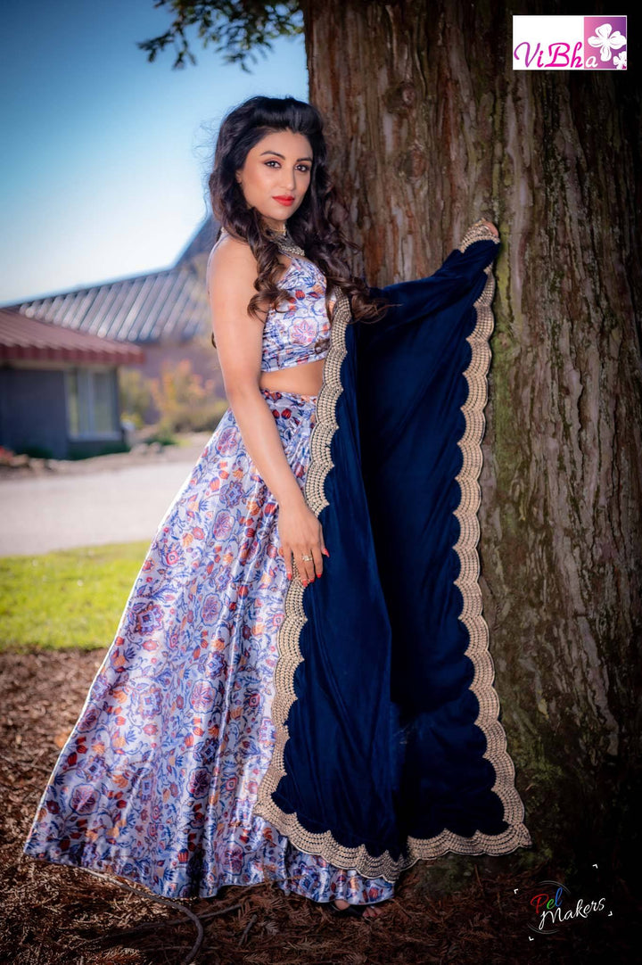 Velvet Lehenga - Blue Velvet Lehenga