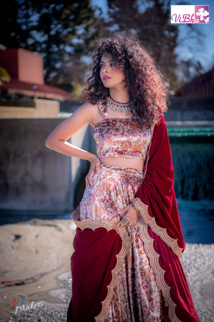 Velvet Lehenga - Maroon Velvet Lehenga