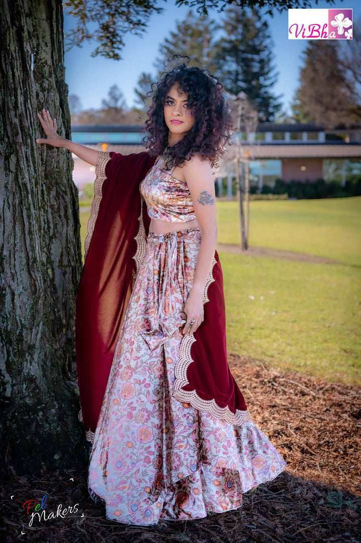 Velvet Lehenga - Maroon Velvet Lehenga