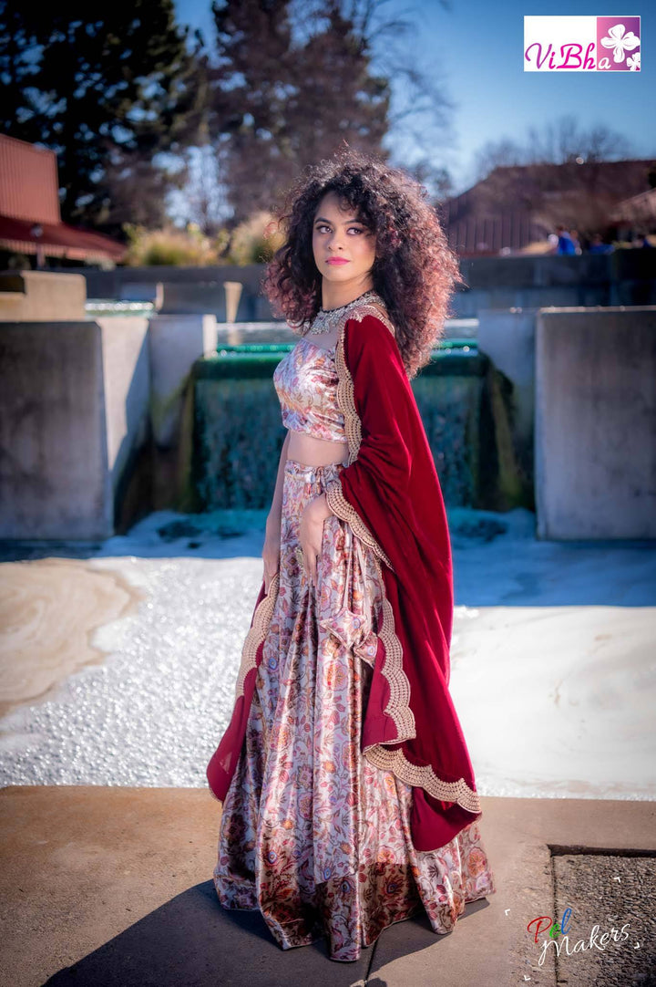 Velvet Lehenga - Maroon Velvet Lehenga