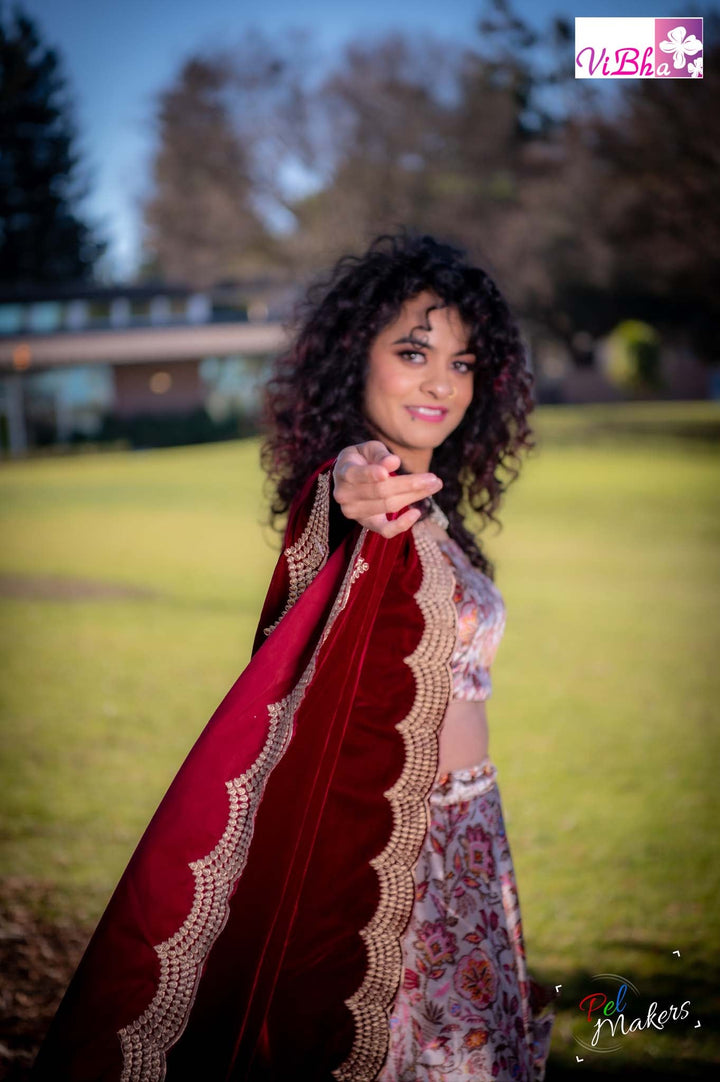 Velvet Lehenga - Maroon Velvet Lehenga