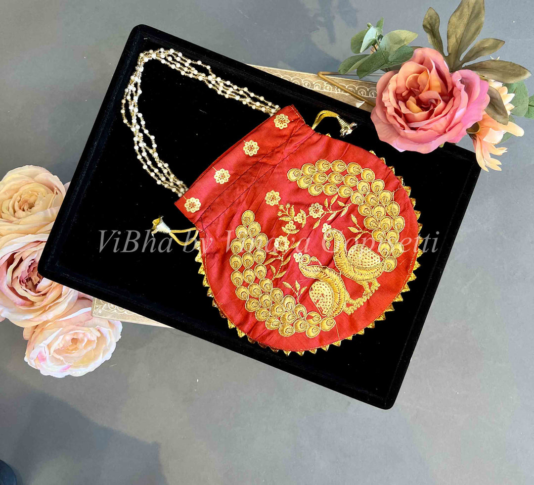 Vibha Accessories - Peacock Motif Gota Patti Potli Bag