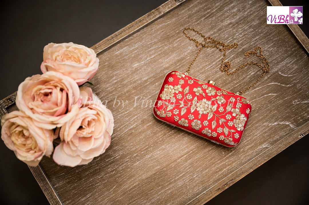 Vibha Accessories - Square Red, Zardosi Embroidered Clutch