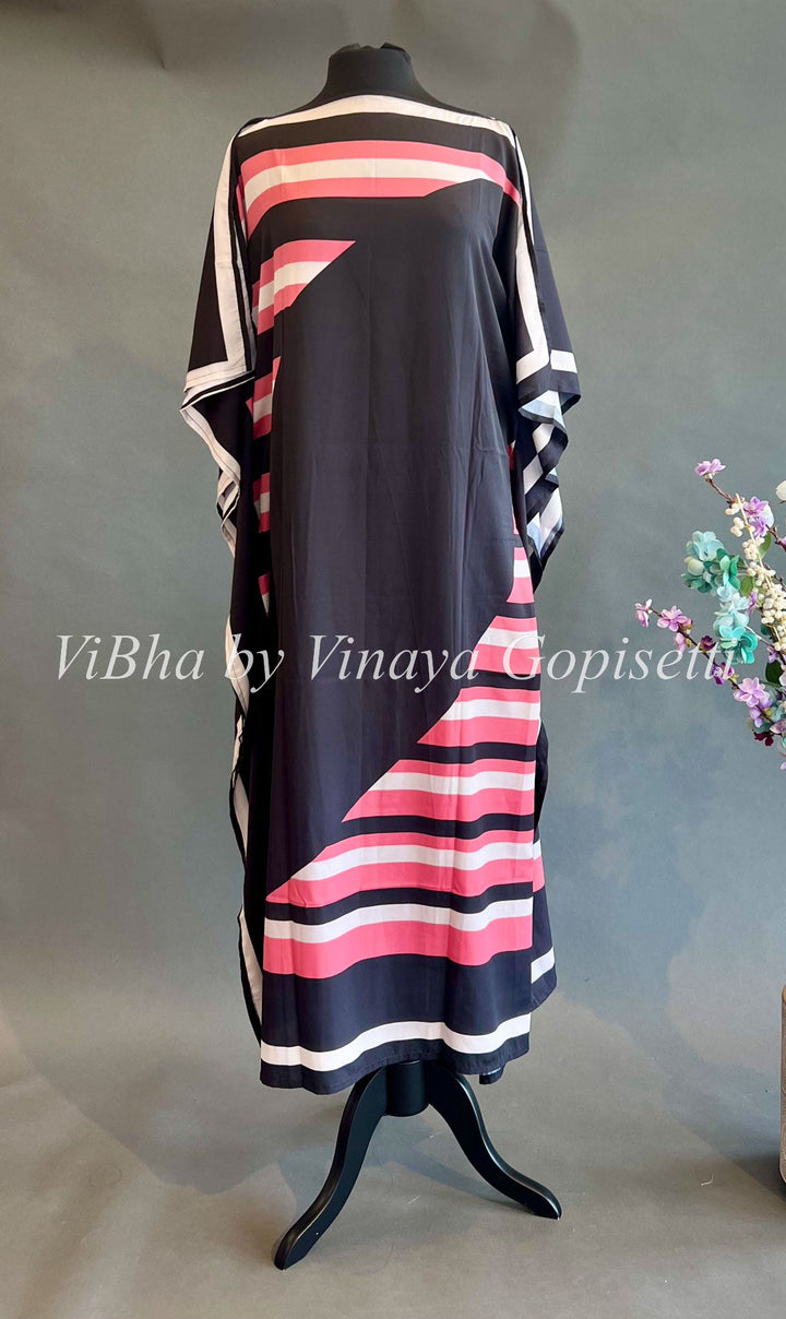 Womens Kurta - Black And Pink Printed Crepe Kaftan