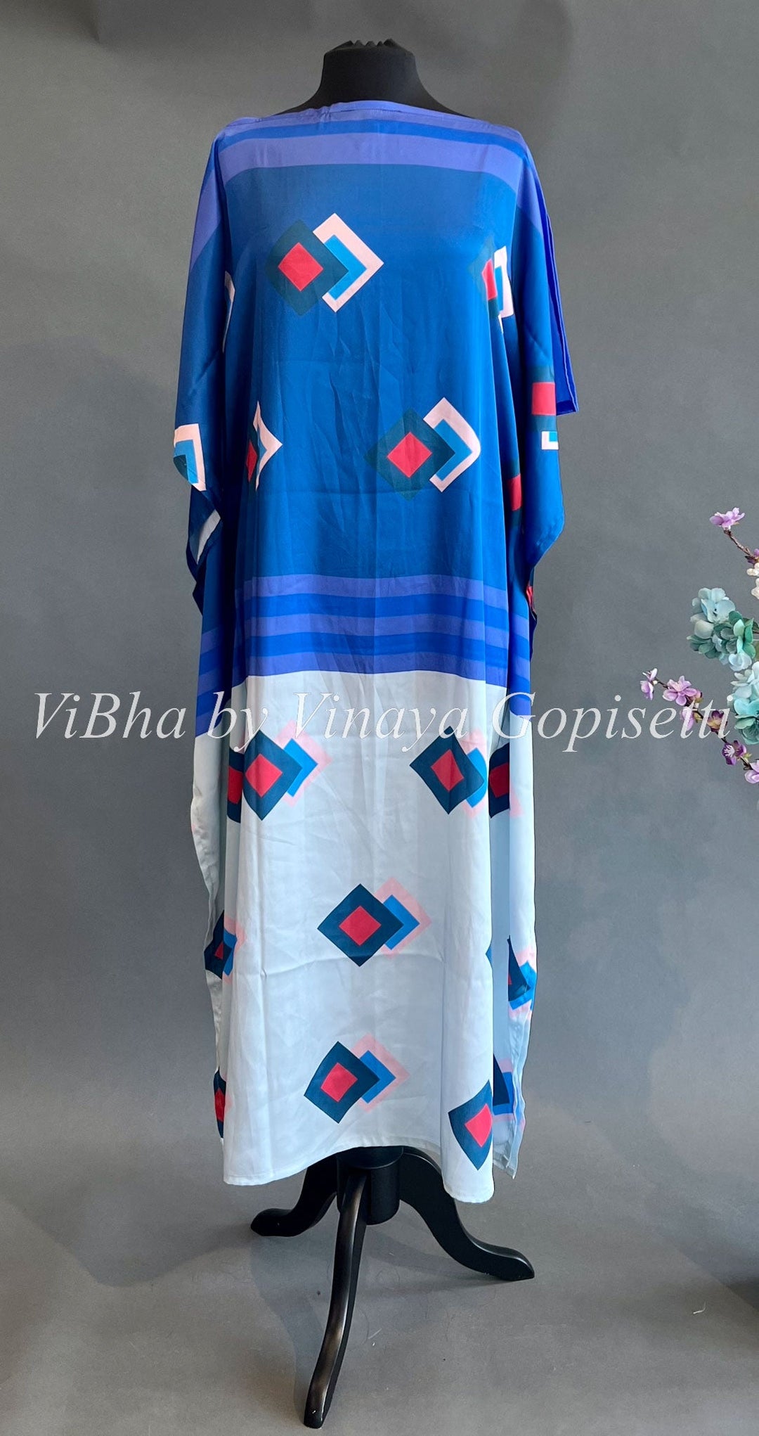 Womens Kurta - Dark And Light Blue Printed Crepe Kaftan