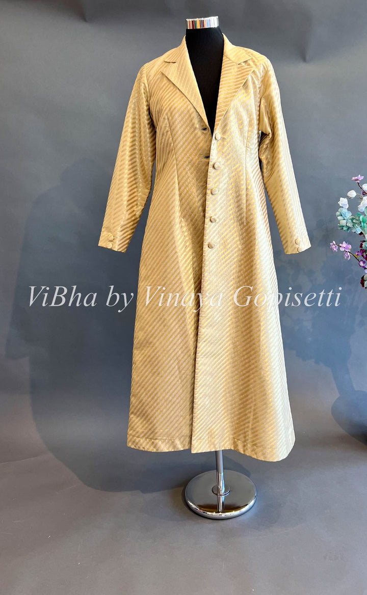 Womens Kurta - Gold Banarasi Silk Long Length Jacket