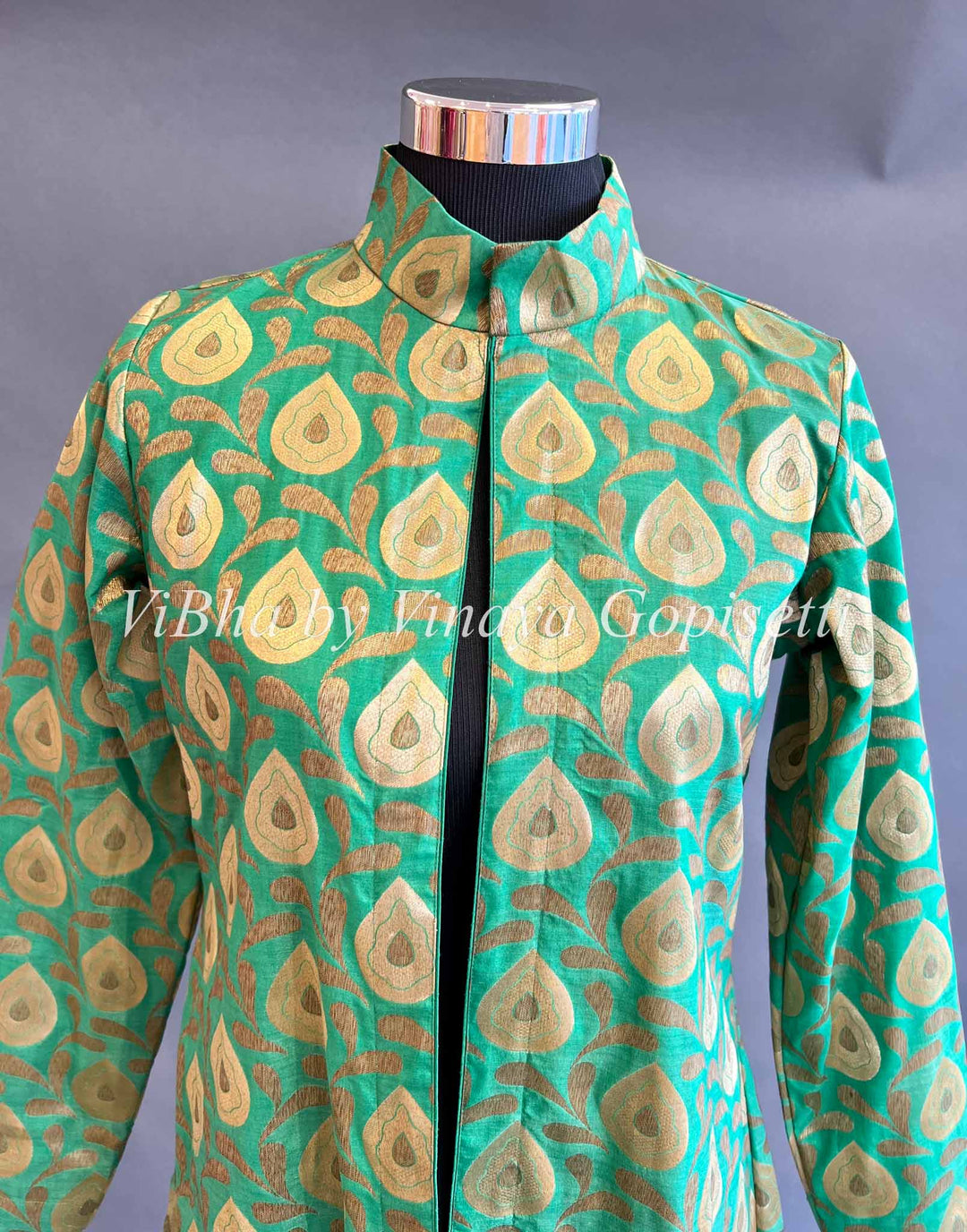 Womens Kurta - Green Collared Style Long Banarasi Silk Cardigan