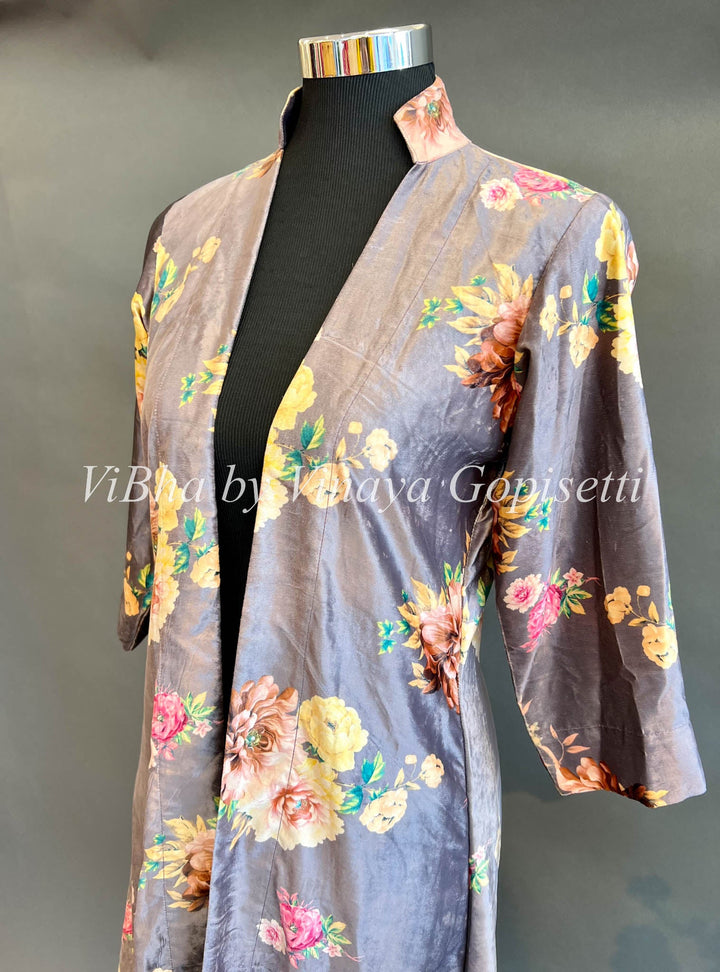 Womens Kurta - Grey Floral Velvet Cardigan