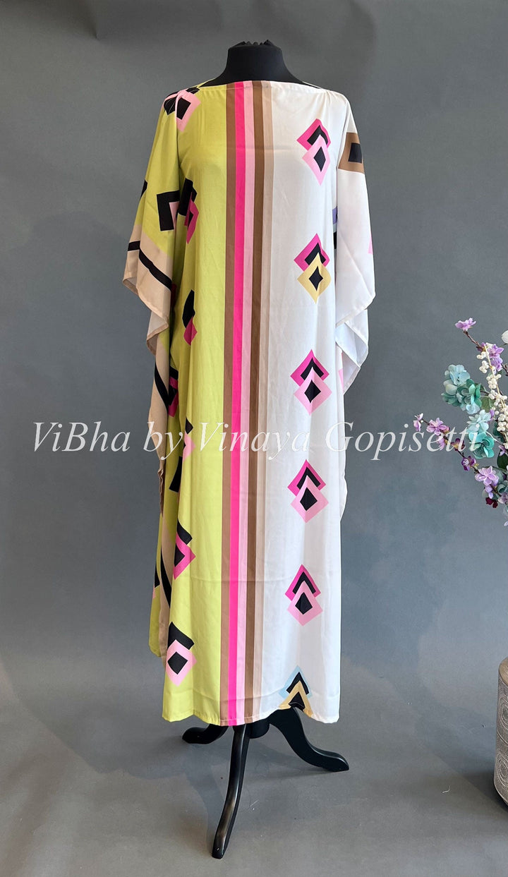 Womens Kurta - Pastel Green And Off White Printed Crepe Kaftan