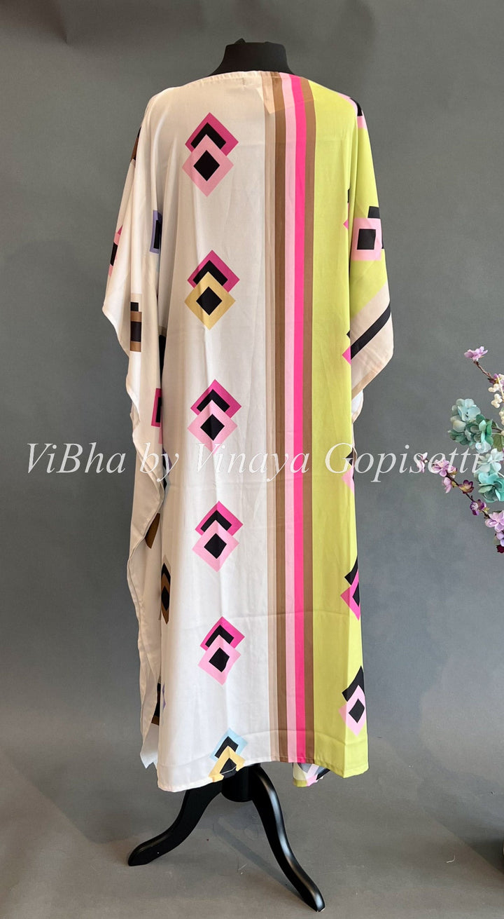 Womens Kurta - Pastel Green And Off White Printed Crepe Kaftan